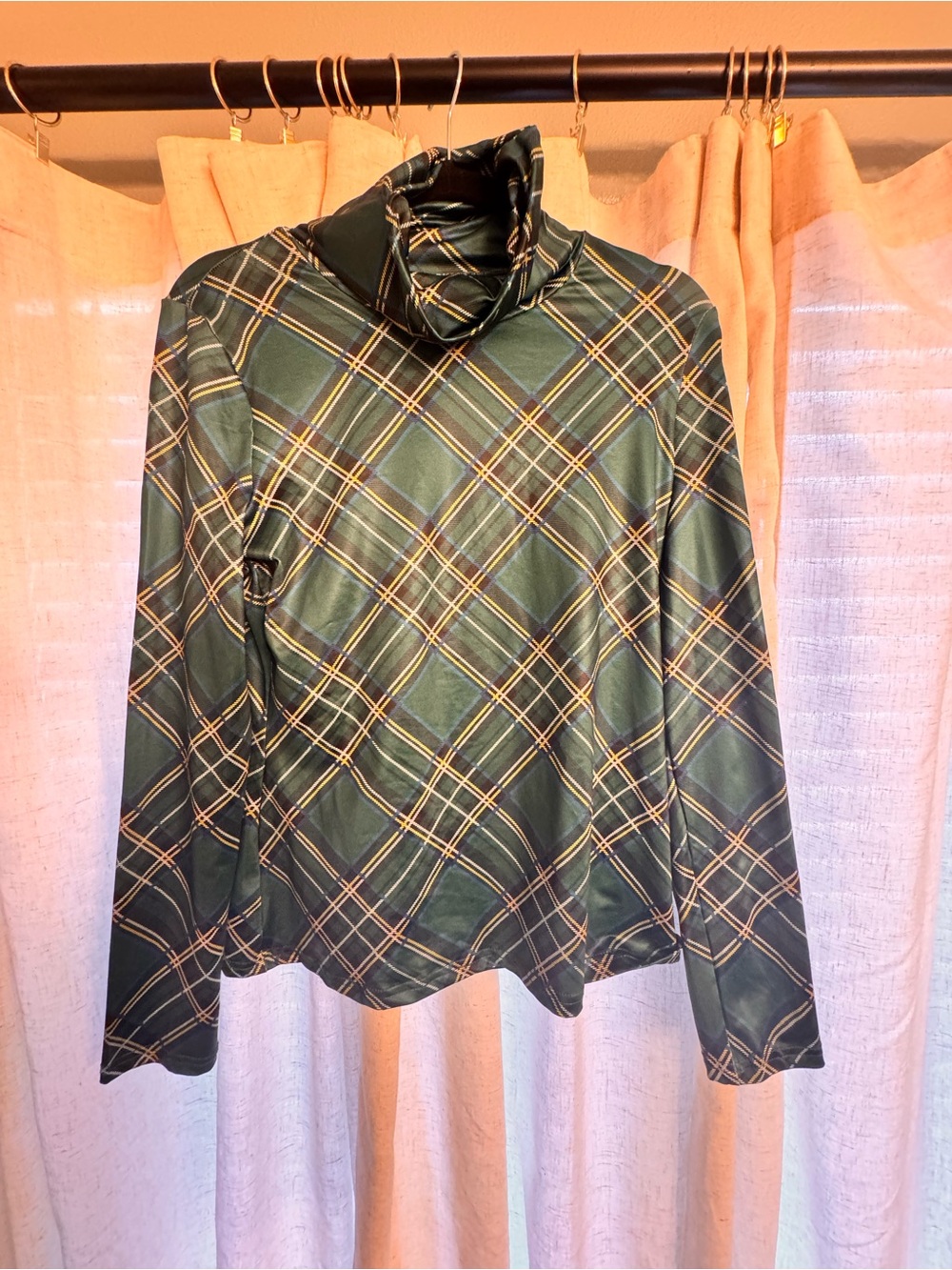 SHEIN Green Plaid Turtleneck Long Sleeve Top